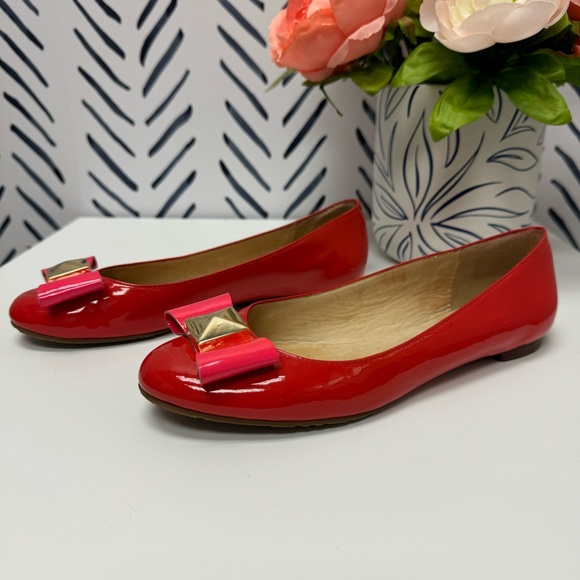 6 - Vintage Kade Spade Red Flats with a Pink Bow & Gold Stud - Picture 4 of 8